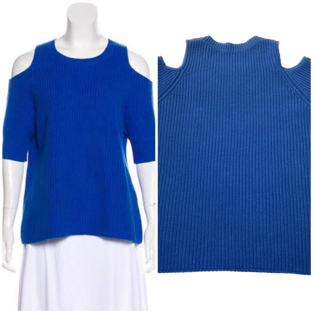 Cashmere wool blend crew neck sweater cutout shoulders off blue Zoe Jordan S/M